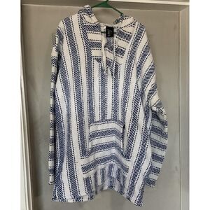Baja Billy's Hoodie Mens 2XL XXL White Blue Striped Pullover Baja Hippie Beach‎